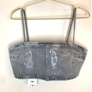 Zara Sequin Foil Denim Crop Top L Distressed Gray